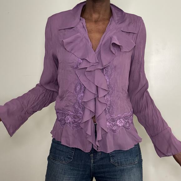 VINTAGE | Y2K Amethyst Ruffle & Lace Long Sleeve Plisse Blouse - Picture 1 of 7